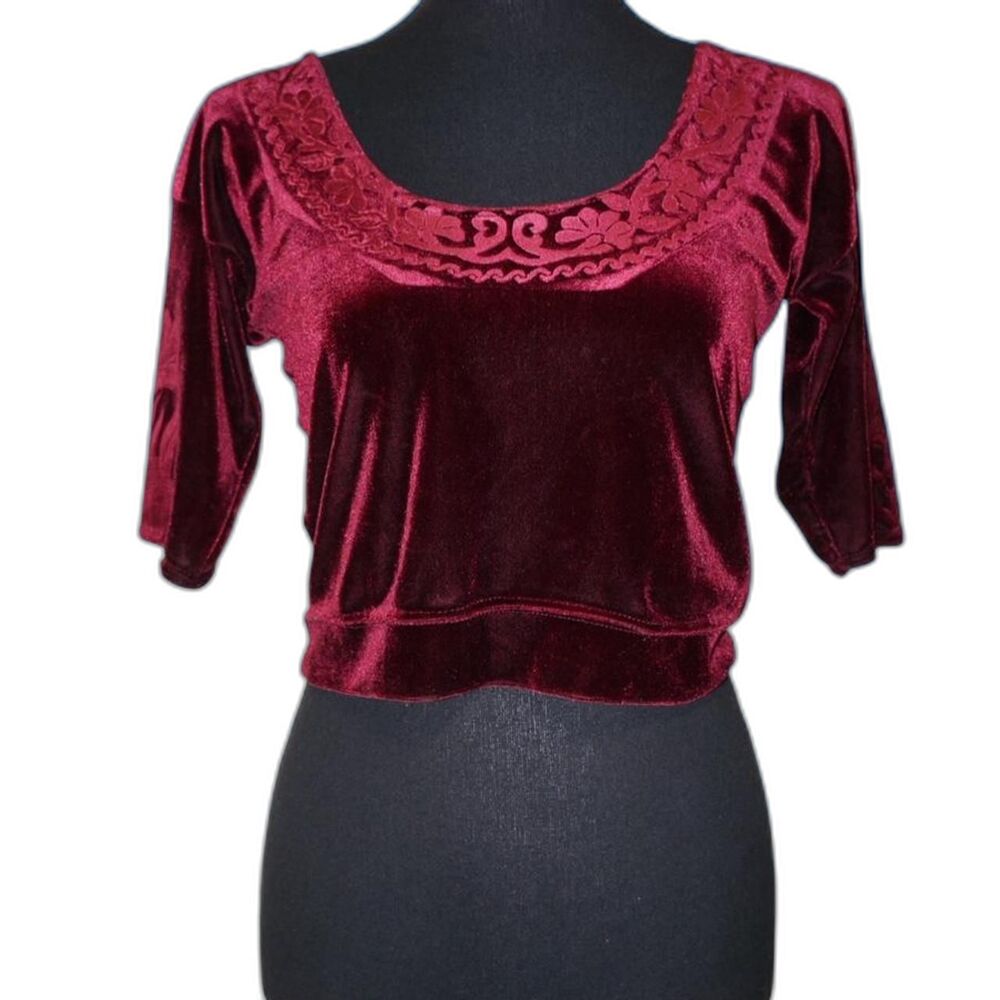 Burgundy Velvet 3/4 Sleeve Cropped Blouse with Floral Print